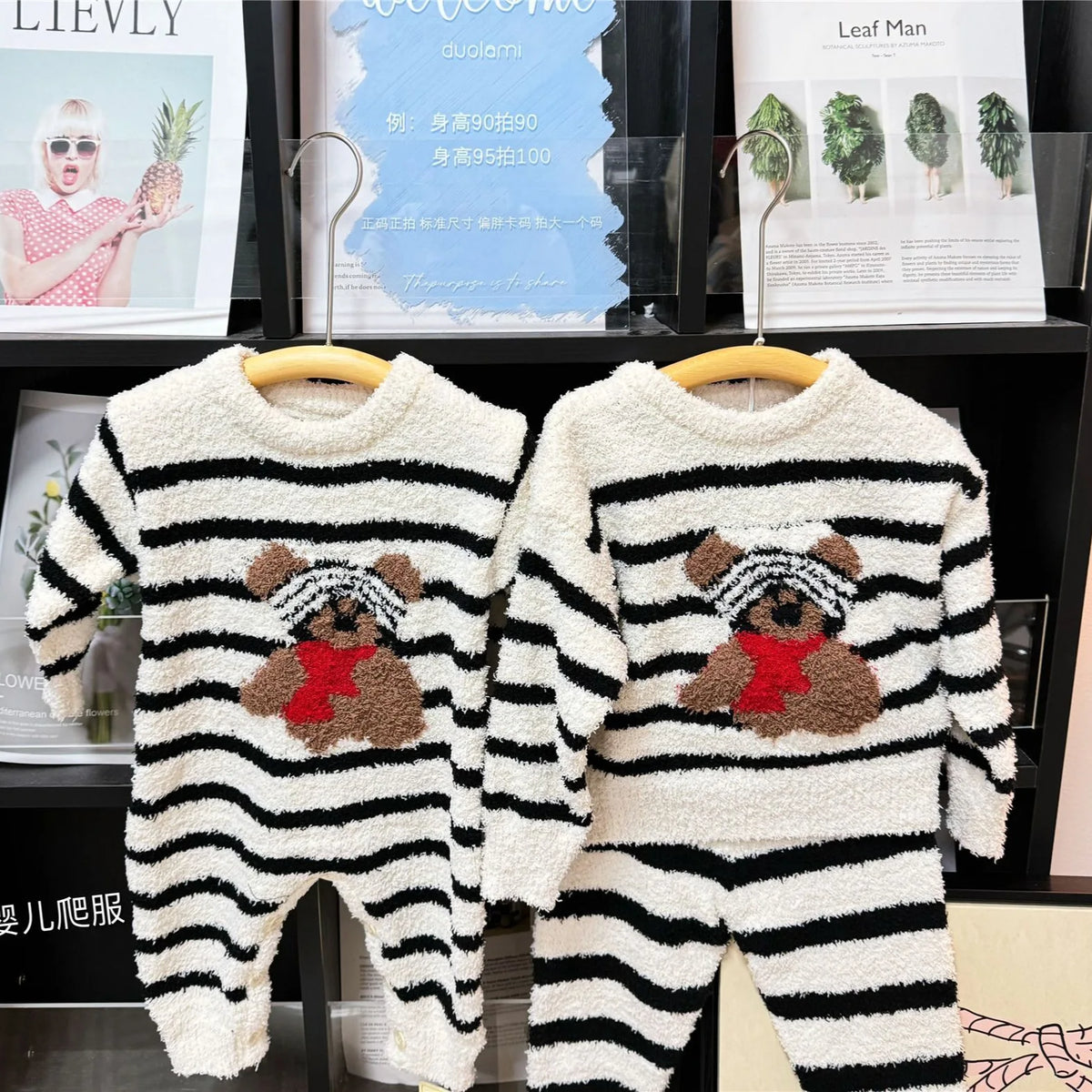 Family Matching Pajamas Set Children Homewear Sleepwear Two-Piece Loungewear Striped Bear Print Mom Dad and Kids Adult Winter