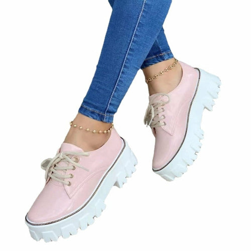 Women's Platform Oxford Shoes – Chunky Thick Heel Lace-Up Dress Shoes in Black, Red & Pink