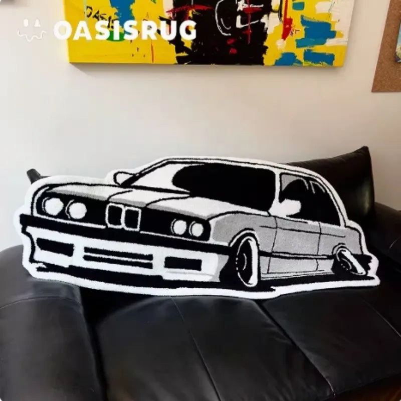 Retro Cartoon Car Area Rug, Personalized Polyester Carpet with Non-Slip & Water-Resistant Design, Soft Absorbent Mat for Bedroom, Gaming Room, Living Room & Bathroom