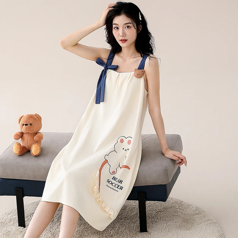 Couple Pajama Set Summer Cute Cartoon Pyjamas Men Sleeveless Pijamas 100% Cotton Women Sling Nightgown Lovers Sleepwear