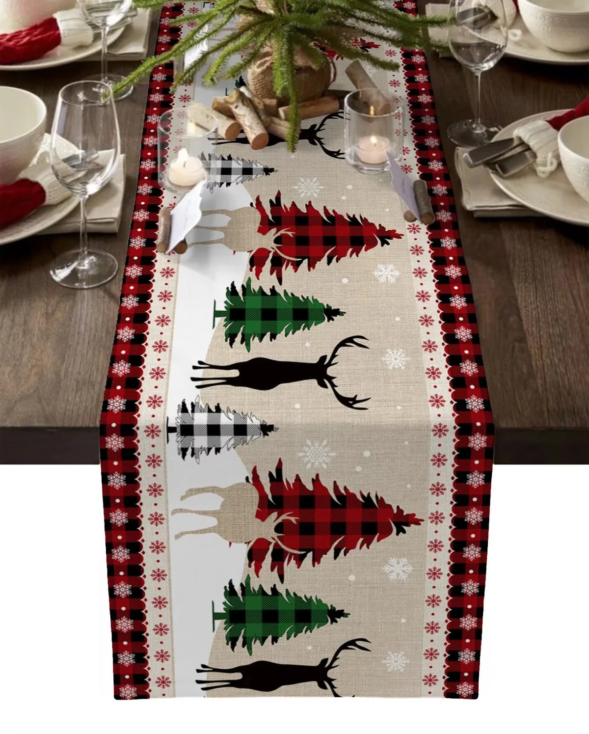 Christmas Plaid Table Runner with Snowflake & Ornament Design, Merry Christmas Holiday Table Decor, Festive Polyester Dining Table Accent for Home, Party & Winter Decor