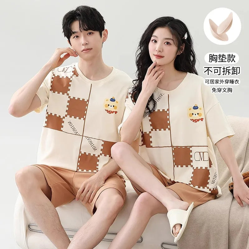 Cartoon Cute Bear Nightwear for Couples Summer Short Sleeves Shorts Sleepwear Women and Men Matching Homewear Young Boy Girl Pjs