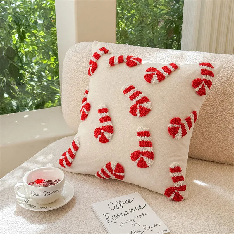 Christmas Tufted Cushion Cover 45×45cm, Red & White 3D Candy Cane & Santa Hat Embroidered Pillowcase, Festive Holiday Throw Pillow Cover for Sofa, Chair, Car & Home Decor