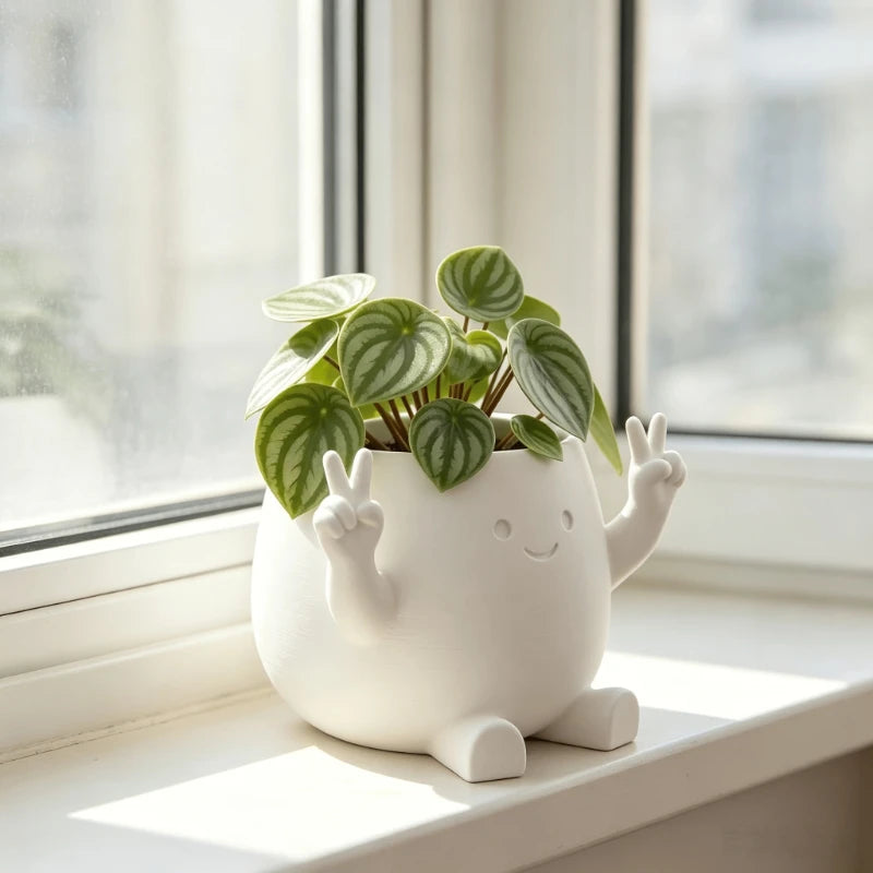 Cute Cartoon Hand Gesture Flower Pot, Character Desktop Planter & Pen Holder, Plastic Succulent Plant Pot for Pennywort, Small Green Plants, Home, Office & Desk Decor