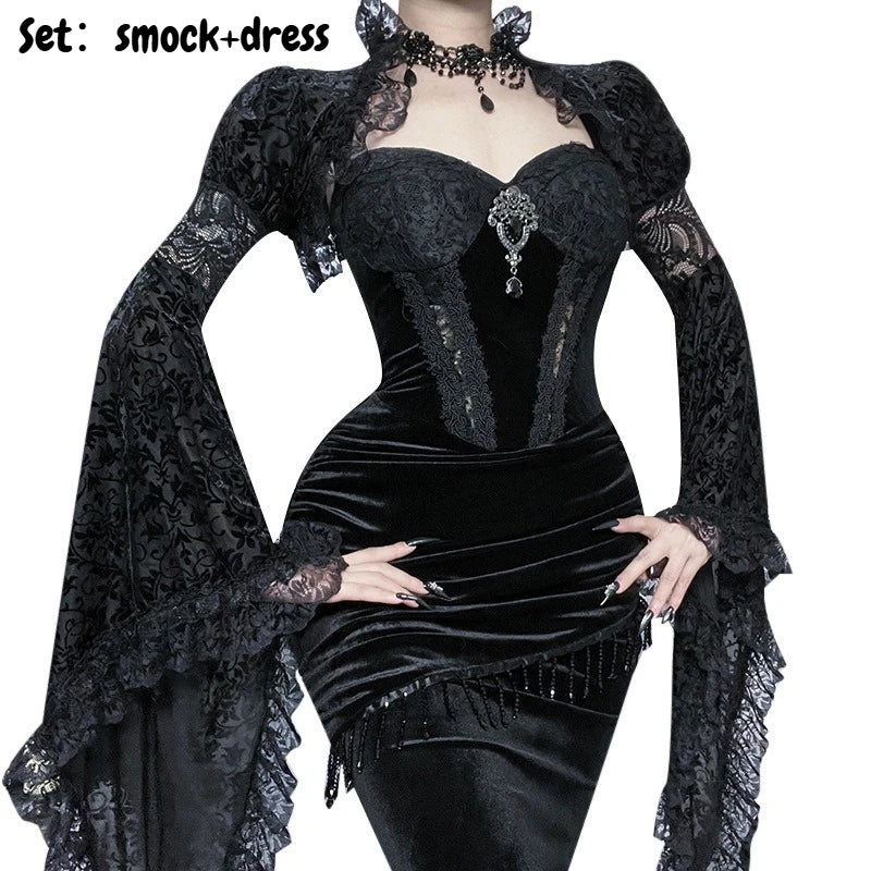 Halloween Cosplay Costume Dark Slimming Trumpet Sleeve Long Dress Gothic Theme Party Role Playing Outfits for Adult Women