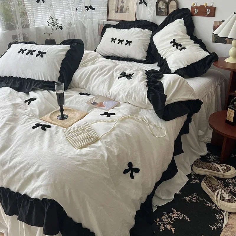 Black Bow Cotton Bedding Set – Princess Style Washed Cotton Duvet Cover with Embroidered Bow, Flat Sheet & Pillowcases