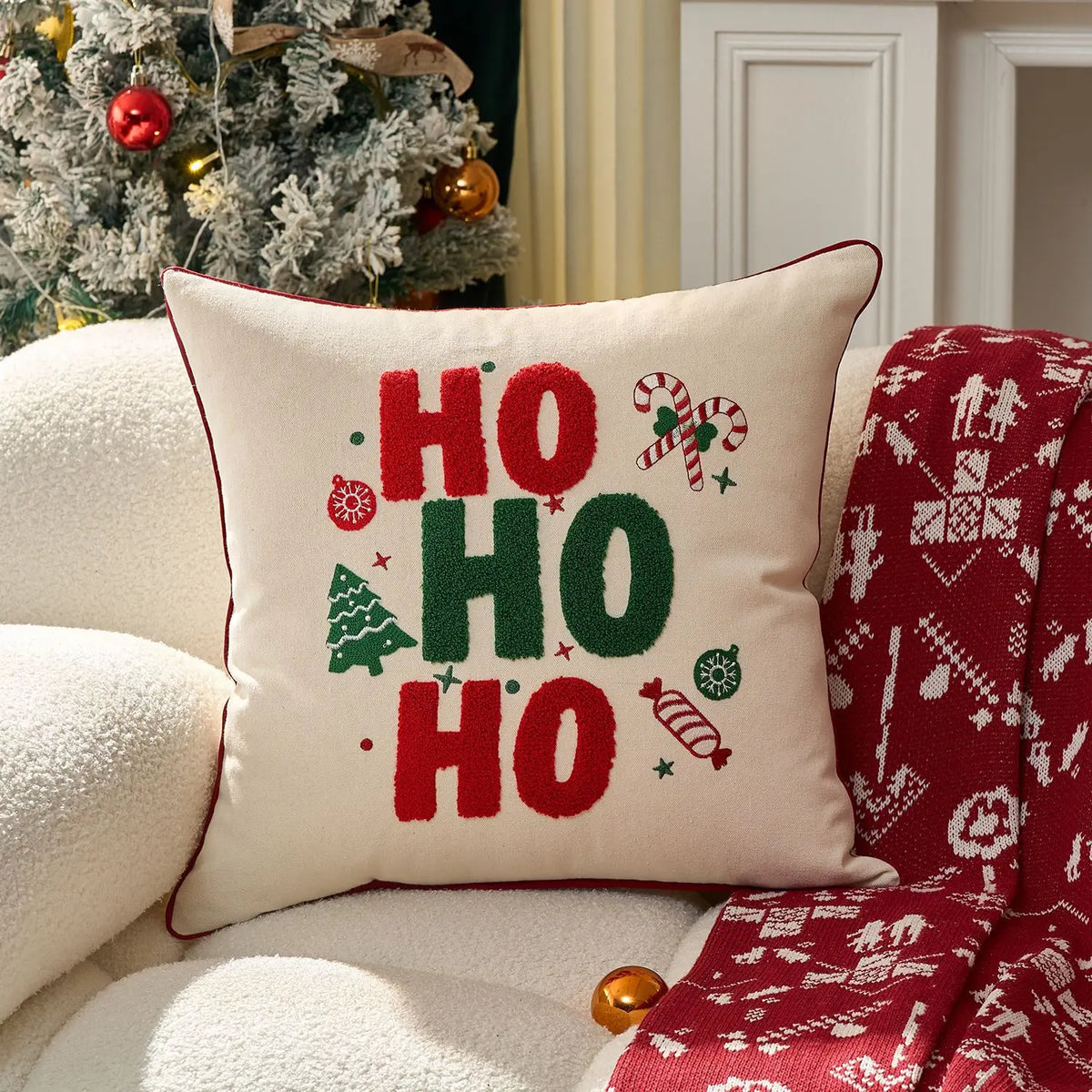 Christmas Embroidered Cushion Cover, Red “HO HO HO” Snowflake & Gingerbread Man Pillowcase, Festive Holiday Throw Pillow Cover for Sofa, Chair & Home Decor