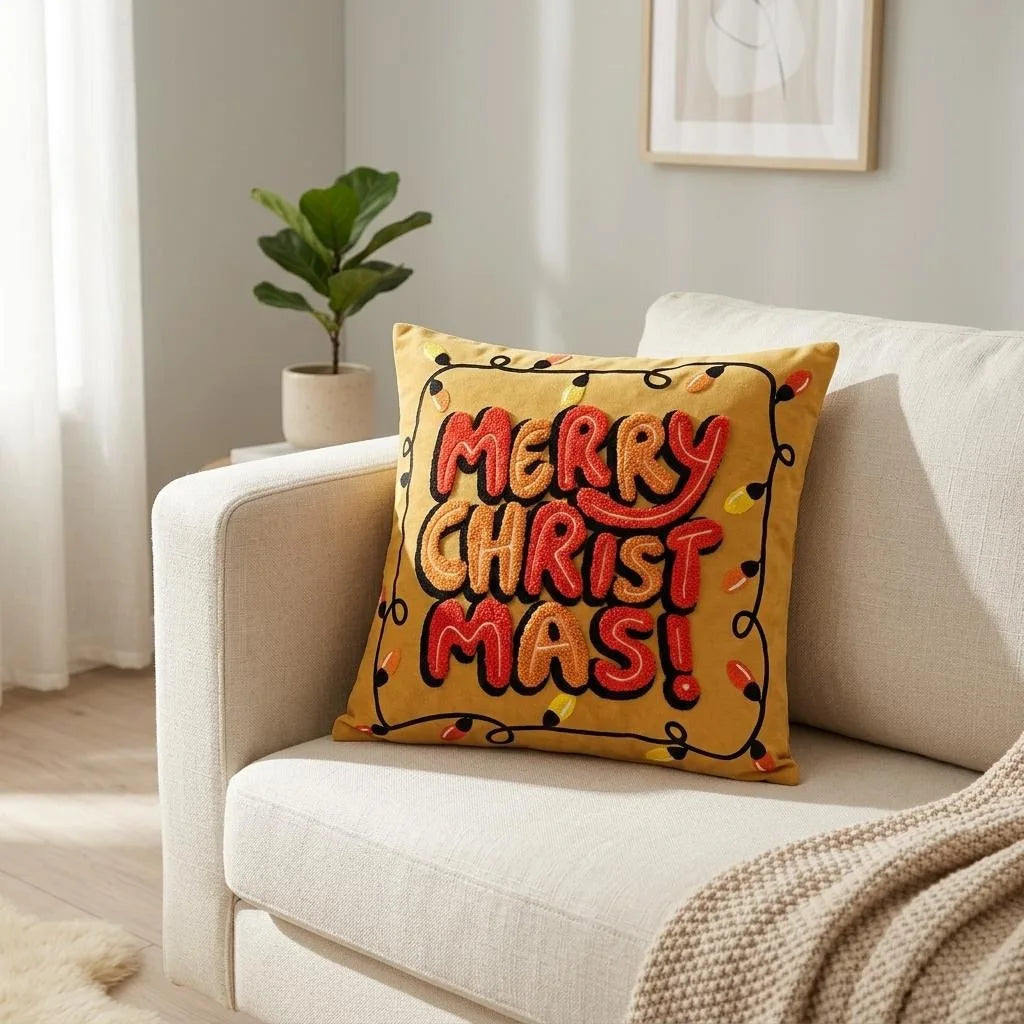 Christmas Embroidered Throw Pillow Cover 45×45cm – Festive Jacquard Cushion Case with Hidden Zipper for Sofa, Bed & Home Decor