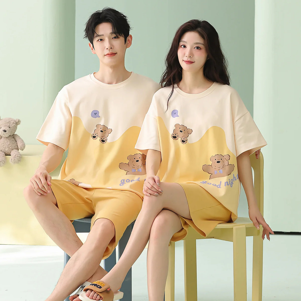 Summer Sleep Lounge Pajama Short-Sleeved Women's Pajama Set Cartoon Pyjamas Pure Cotton Couple Sleepwear Home Fashion