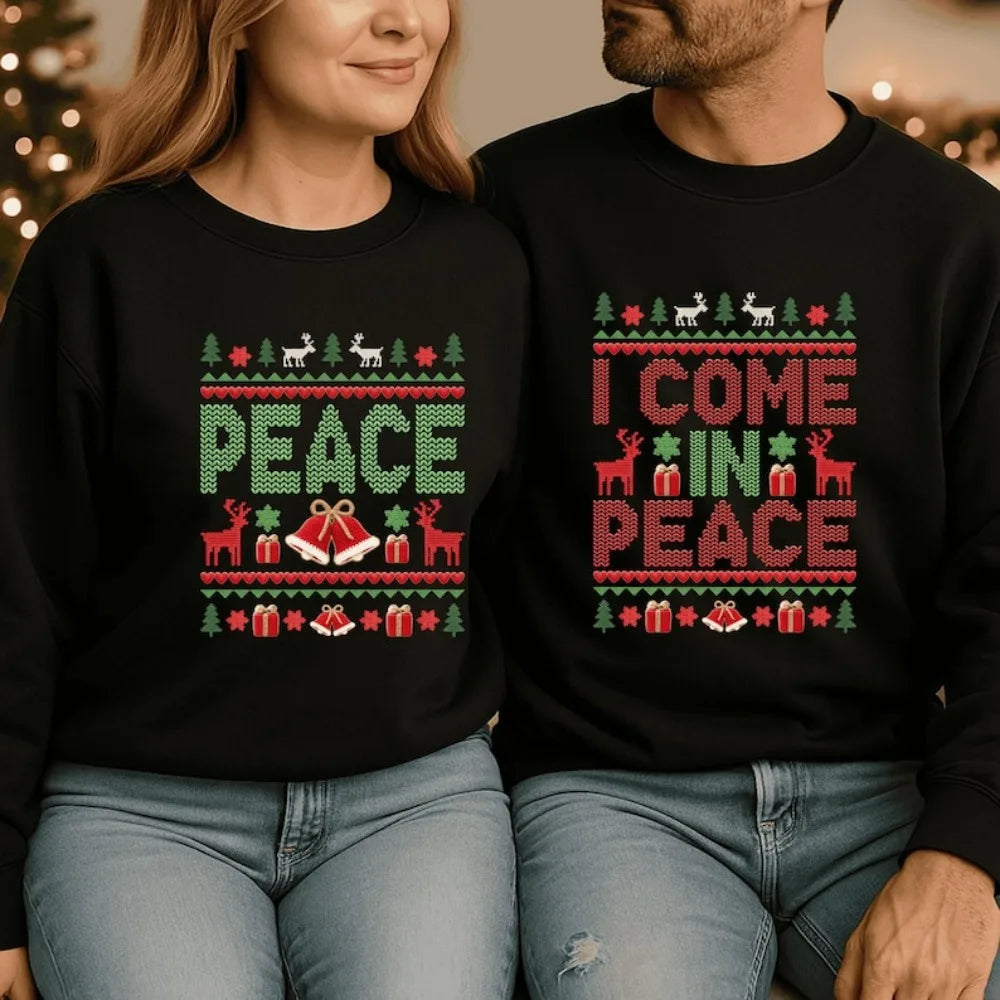 Funny Couples Christmas Hoodies – “I Come in Peace” Matching Holiday Sweatshirts for Couples, Unisex Pullover Xmas Gift