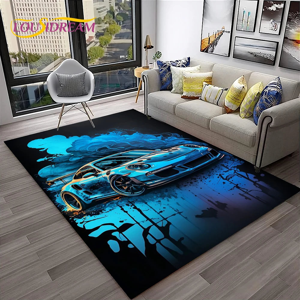 Sports Car Racing Rug, 3D Printed Cartoon Polyester Crystal Velvet Carpet with Non-Woven Backing, Kids Playroom Floor Mat for Bedroom, Living Room & Home Decor