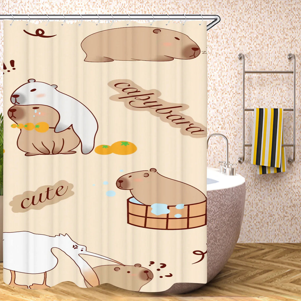 Cute Capybara Shower Curtain, Funny Cartoon Waterproof Bathroom Curtain with Plastic Hooks, 100% Polyester Mildew-Resistant Curtain for Modern Bathroom Decor