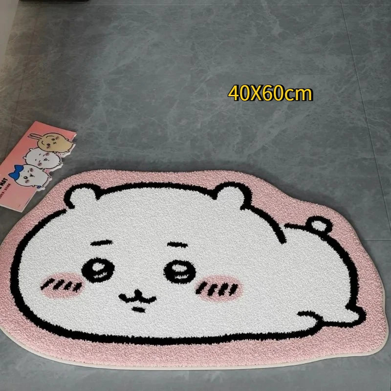 Chiikawa Cartoon Rug, Hachiware & Usagi Plush Flannel Floor Mat, Cute Anime Non-Slip Carpet for Bathroom, Bedroom, Living Room & Car Decor