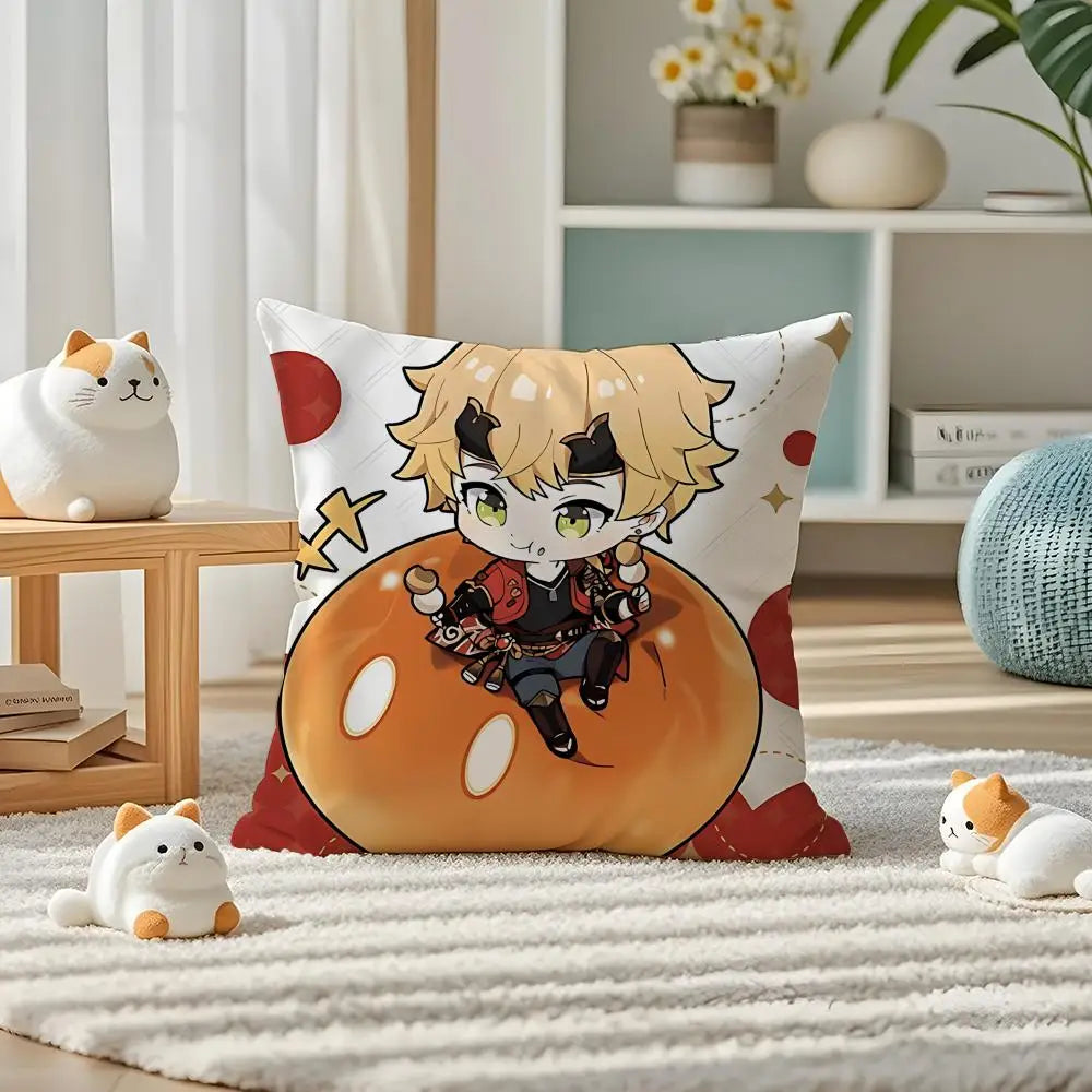Thoma Genshin Impact Cushion Cover 40×40cm, Cute Anime Game Pillowcase with Double-Sided Print & Invisible Zipper, Soft Polyester Short Plush Sofa Pillow for Bedroom & Living Room Decor