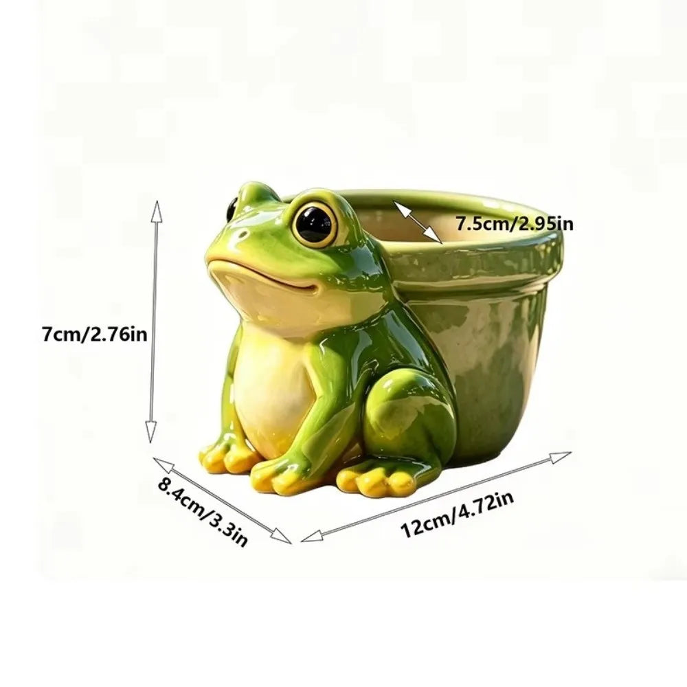 Cute Frog Resin Flower Pot, Funny Animal Succulent Planter & Decorative Sculpture, Small Green Plant Holder and Pencil Holder for Garden, Balcony, Terrace, Home & Office