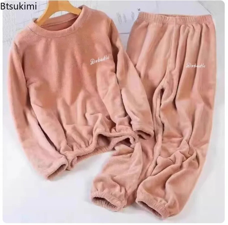 2026 Autumn Winter Couple Pajamas Sets Casual Warm Flannel Pajamas Loose O-neck Tops+Pants Men and Women Sleepwear Two Piece Set