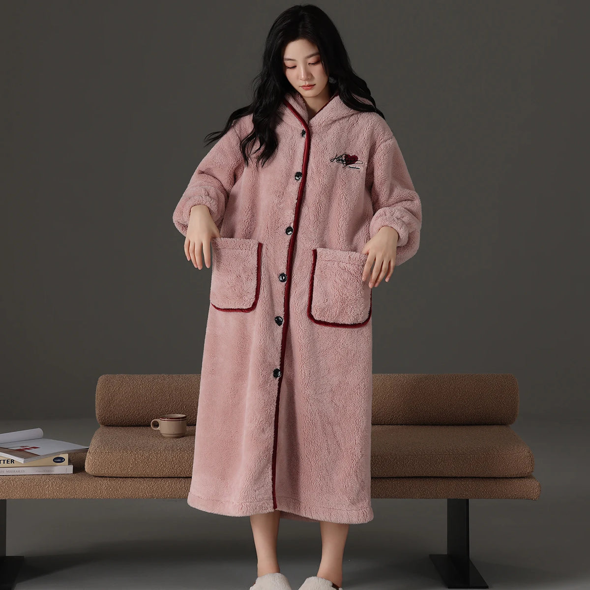 Couple Hooded Coral Fleece Pajama Set Thick Warm Sleepwear Female and Male Soft Coral Velvet Robe