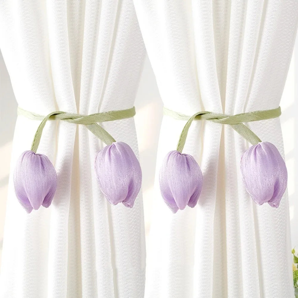 Adjustable Tulip Curtain Tiebacks, Elegant Floral Curtain Straps with Creative Design, Cotton Cloth Curtain Holdbacks for Living Room, Bedroom & Home Decor