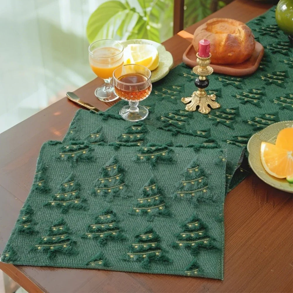 Christmas Tree Table Runner 33×183cm – Plush Embroidered & Embossed Table Cover for Dining Table, Holiday & Festive Home Decor