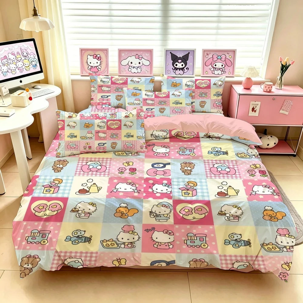 Sanrio Hello Kitty Bedding Set – Cute Cartoon Printed Duvet Cover & Pillowcase, Soft Polyester-Cotton Bed Linen for Girls, Dorm & Home
