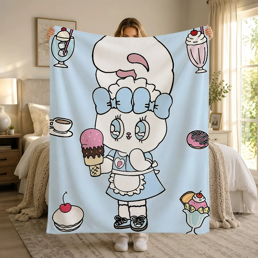 Kawaii Esther Bunny Plush Blanket – Cute Cartoon Rabbit Flannel Throw, Soft Printed Blanket for Sofa, Bed, Travel & Gifts