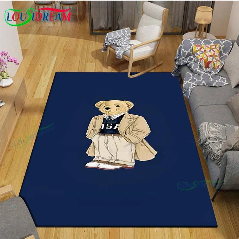 Cute Bear Cartoon Area Rug, 3D Printed Polyester Crystal Velvet Carpet with Non-Woven Backing, Kids Bedroom & Living Room Mat for Playroom, Home & Decor