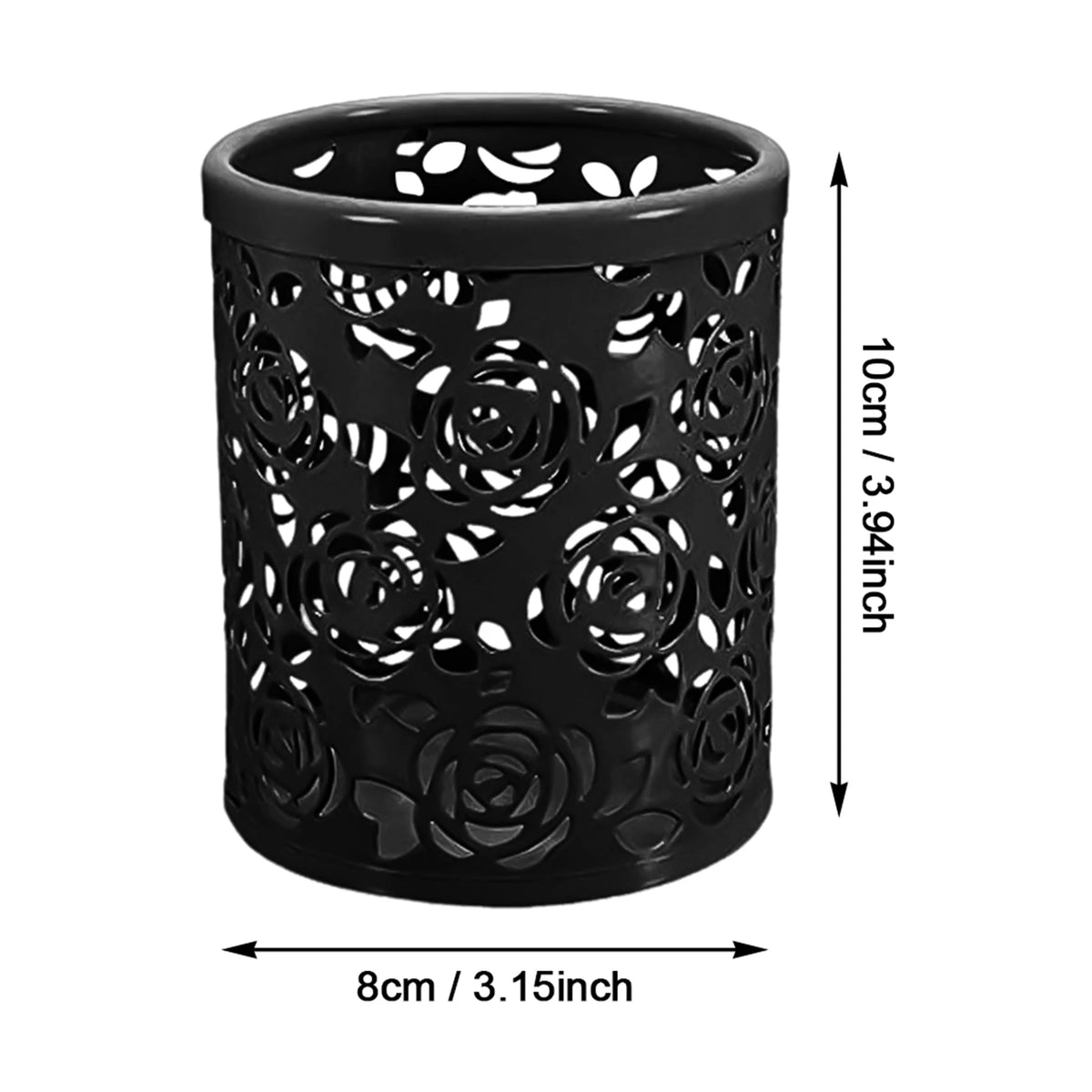 Hollow Rose Flower Pen Holder 10×8cm, Decorative Round Metal Desk Organizer for Pens, Pencils & Makeup Brushes, Modern Desktop Storage Cup for Home & Office