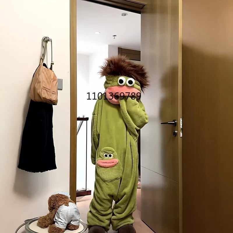 Cartoon Big Mouth Monster Cute Funny Onesie Pajamas Thickened Coral Fleece Homewear For Couples Men Women Autumn Winter Pajamas
