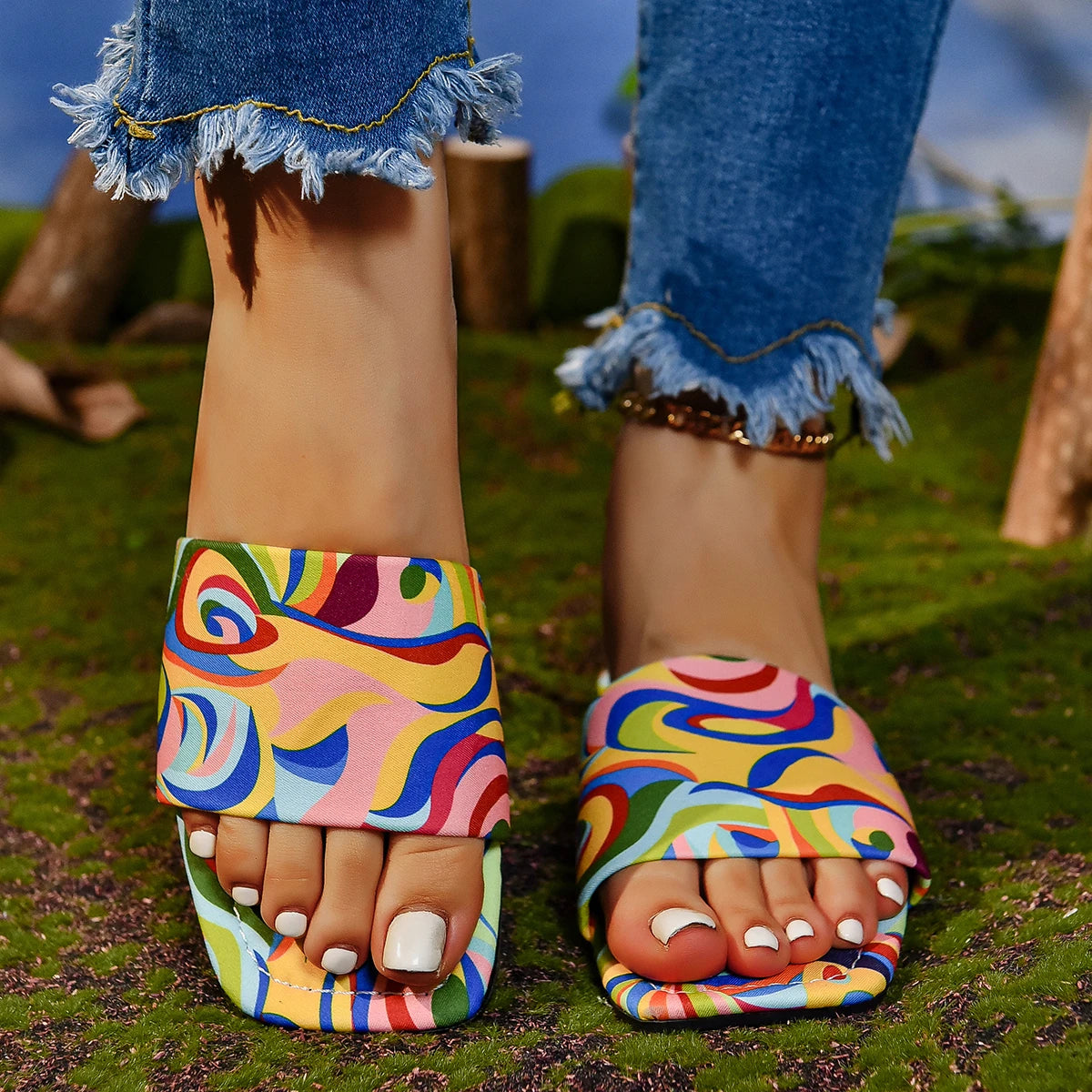 Fusion Funk Slippers – Korean-Style Women’s Flat Slip-On Shoes with Mixed-Color Design, PU Upper & Rubber Sole