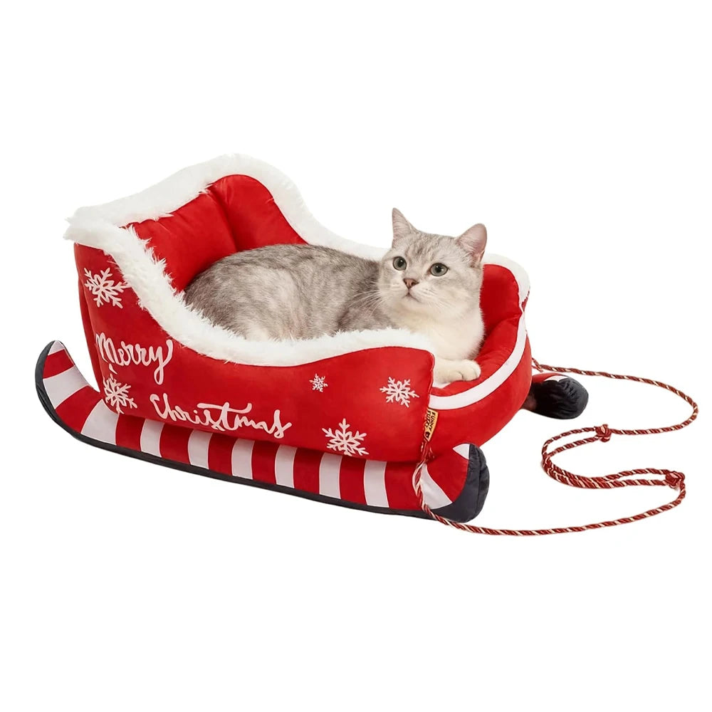 Christmas Pet Bed, Removable Washable Plush Dog & Cat Nest with Non-Slip Base, Cozy Winter Sleigh-Style Pet Sofa for Indoor Home, Bedroom & Balcony