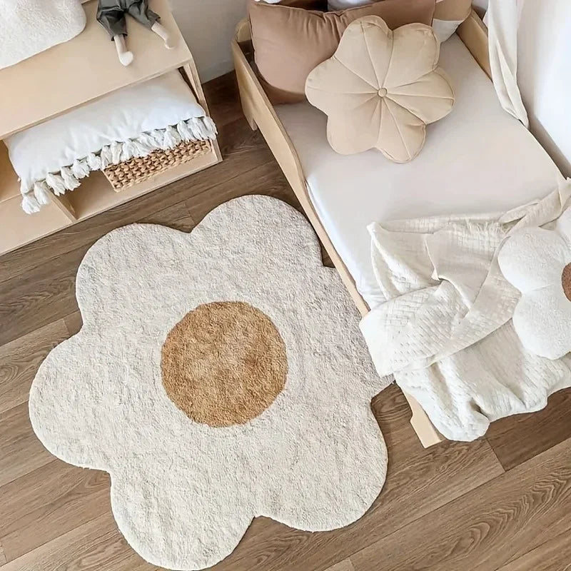 Floral Irregular Area Rug, Cute Modern Geometric Polyester Carpet with Vinyl Backing, Soft Decorative Floor Mat for Bedroom, Living Room, Study & Reading Area