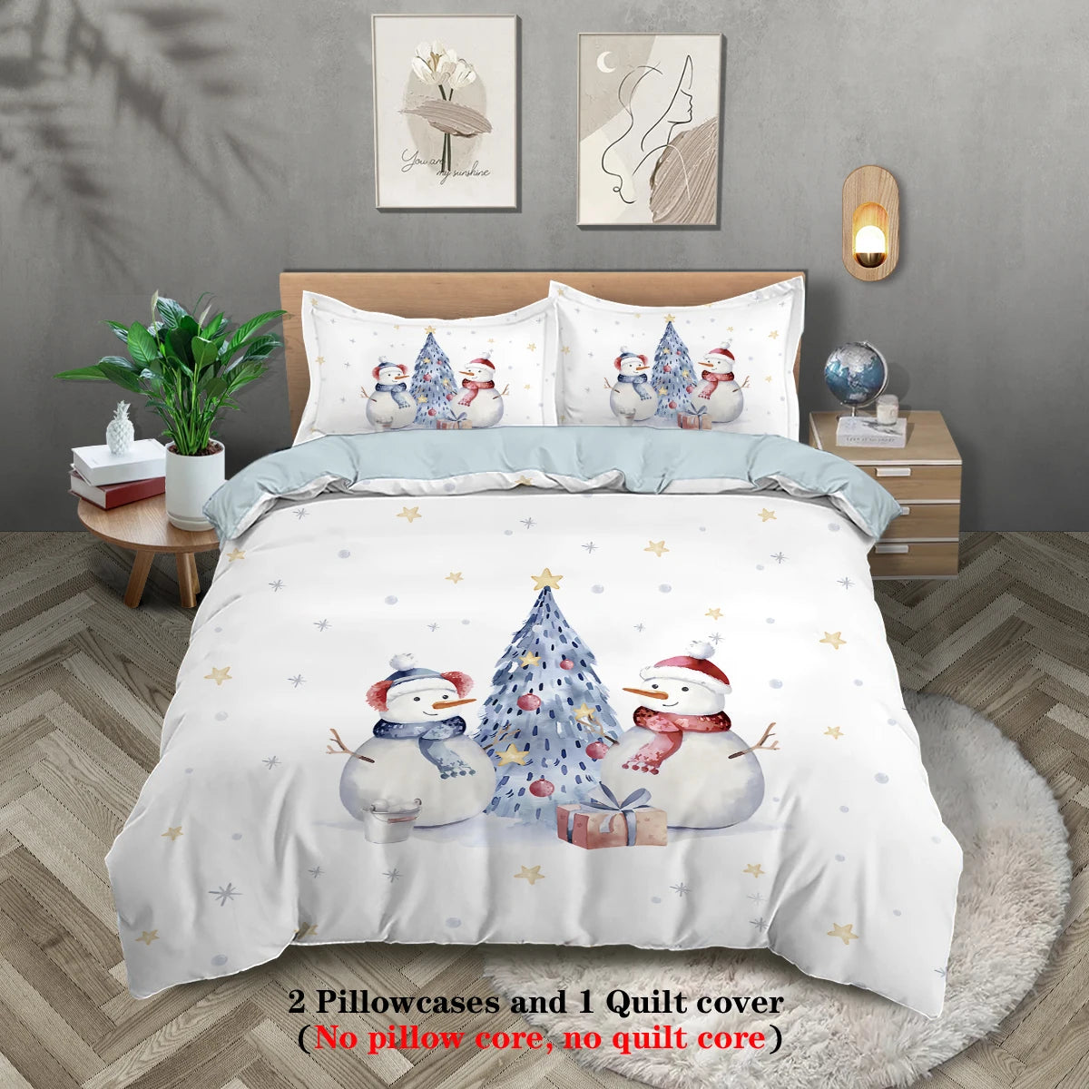 Christmas Snowman Bedding Set – 3-Piece Printed Duvet Cover & 2 Pillowcases, Festive Holiday Bedding for Teens & Adults