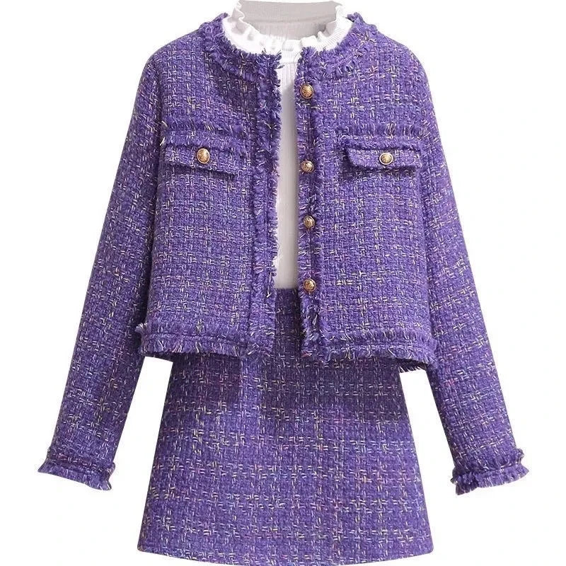2026 New Spring Autumn Women Purple Tweed Two Piece Set Elegant Fringe