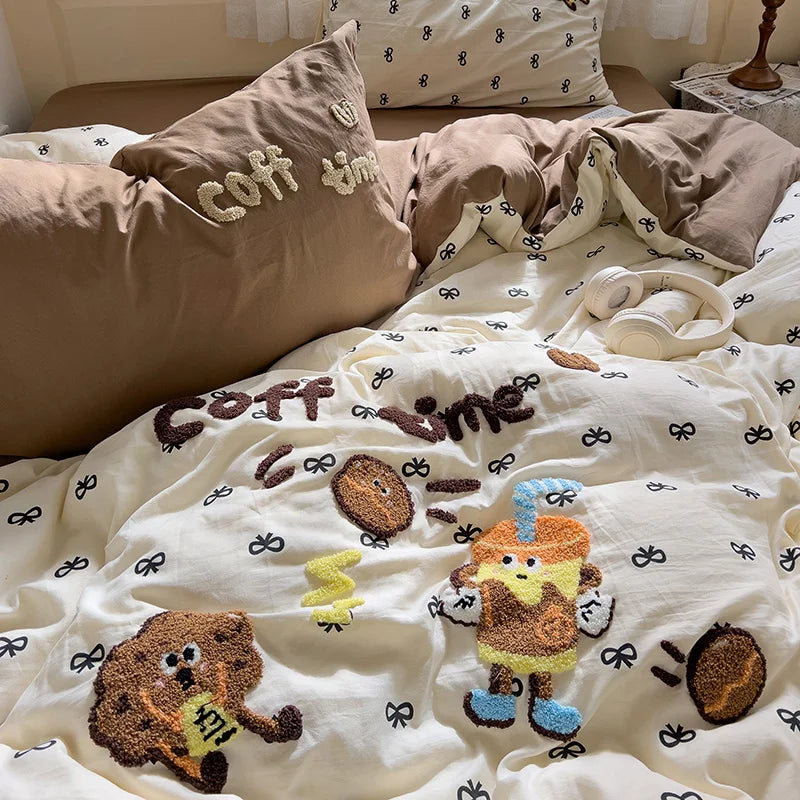 Cute Cartoon Animal Embroidery Bedding Set – 4-Piece Washed Polyester Jacquard Duvet Cover, Flat or Fitted Sheet & Pillowcases