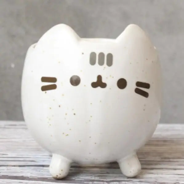 Cute Cat Succulent Pot with Drainage Hole, Small Ceramic Flower Planter, Animal Desktop Flowerpot for Home, Office, Garden, Bonsai & Gift Decor