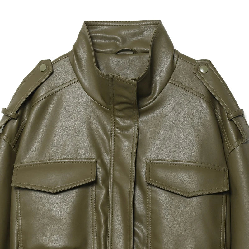 Women's Jacket Faux Leather Jacket Green Women's Demi-Season Jacket