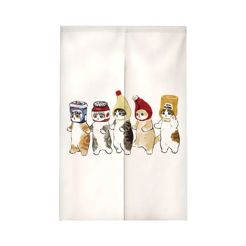 Funny Cat Japanese Noren Door Curtain, Cute Cartoon Hanging Half Curtain for Kitchen, Living Room & Restaurant, Polyester Room Divider for Doorway & Entrance Decor