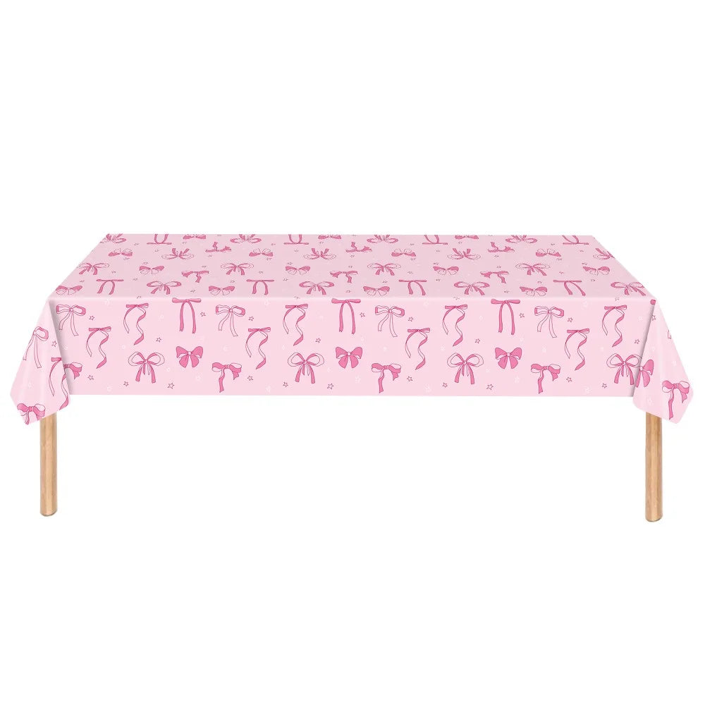 Cute Bow Birthday Tablecloth 137×274cm, Disposable Waterproof Plastic Table Cover for Birthday Party, Baby Shower, Wedding & Celebration Dining Table Decor