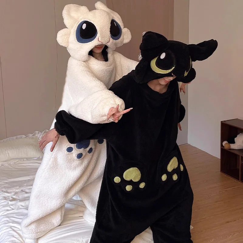 Cartoon Couples Matching Thiened Coral Fce Pajamas Spwear Women's Long Sve Hooded Home Clothes Warm Flannel Onesize Cos Costumes