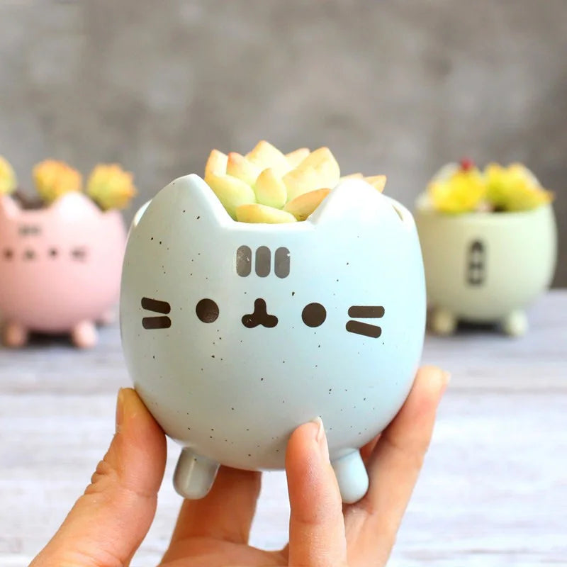 Cute Cat Succulent Pot with Drainage Hole, Small Ceramic Flower Planter, Animal Desktop Flowerpot for Home, Office, Garden, Bonsai & Gift Decor