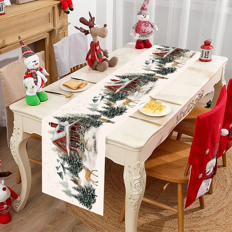 Christmas Table Runner 33×183cm, Winter Wonderland Snowman Linen Table Cover, Rustic Farmhouse Holiday Table Decor for Dining Room, Kitchen, Party & Home
