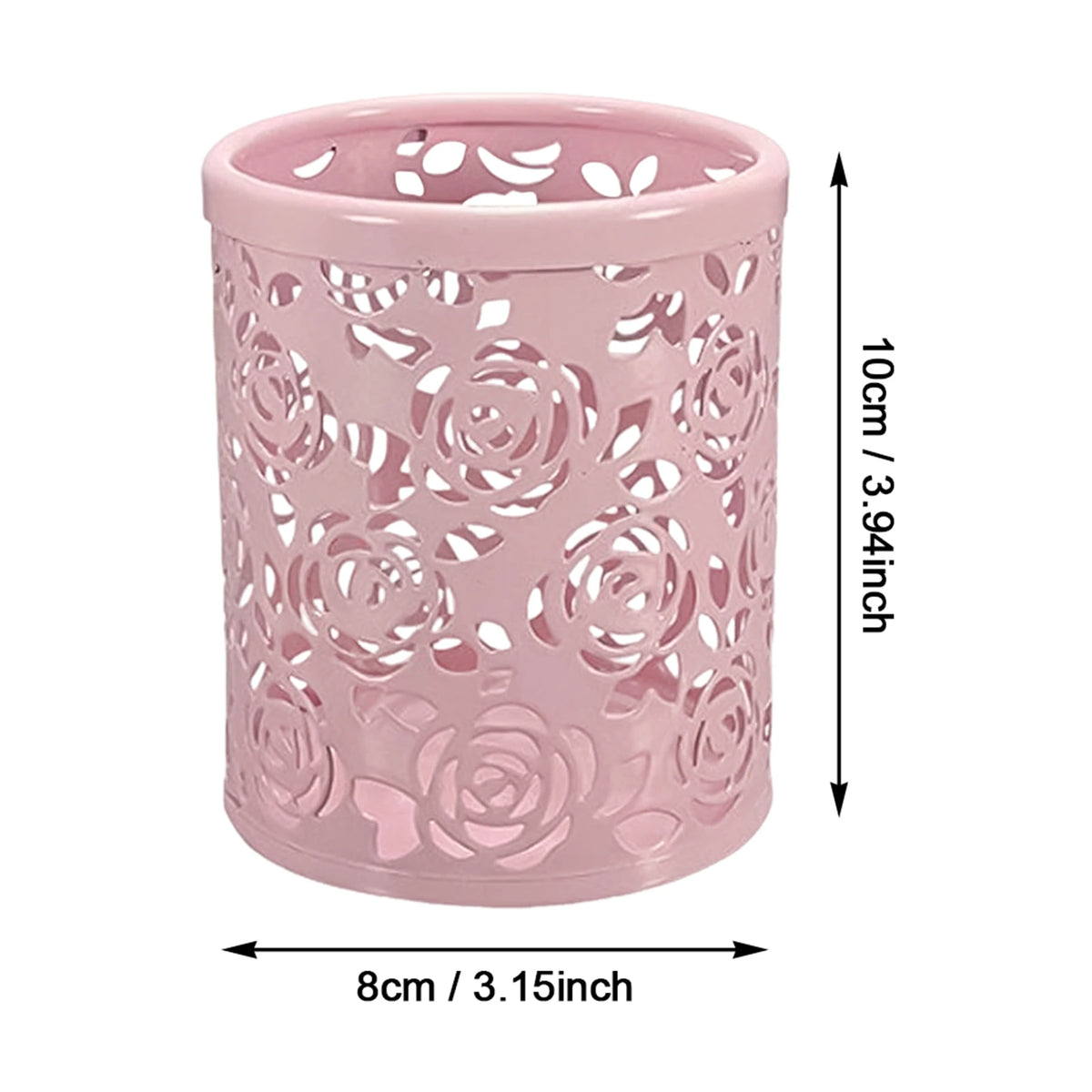 Hollow Rose Flower Pen Holder 10×8cm, Decorative Round Metal Desk Organizer for Pens, Pencils & Makeup Brushes, Modern Desktop Storage Cup for Home & Office