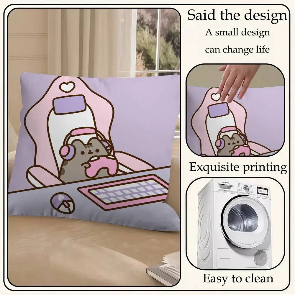 Pusheen Cartoon Cushion Cover, Cute Anime Printed Polyester Pillowcase, Decorative Throw Pillow Cover for Sofa, Bed, Bedroom, Kids’ Room & Home Decor
