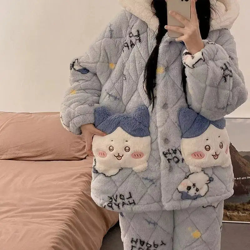 Anime chiikawa autumn and winter girls' pajamas cartoon hachiware cotton and plush thick warm hooded coral fleece home clothes