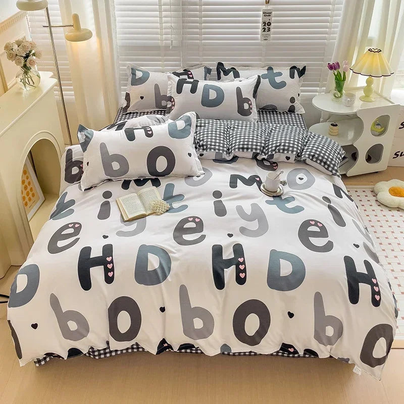 Cute Bunny Kids Bedding Set – Cartoon Printed Polyester Duvet Cover, Flat Sheet & Pillowcases, Breathable Queen & King Bed Set