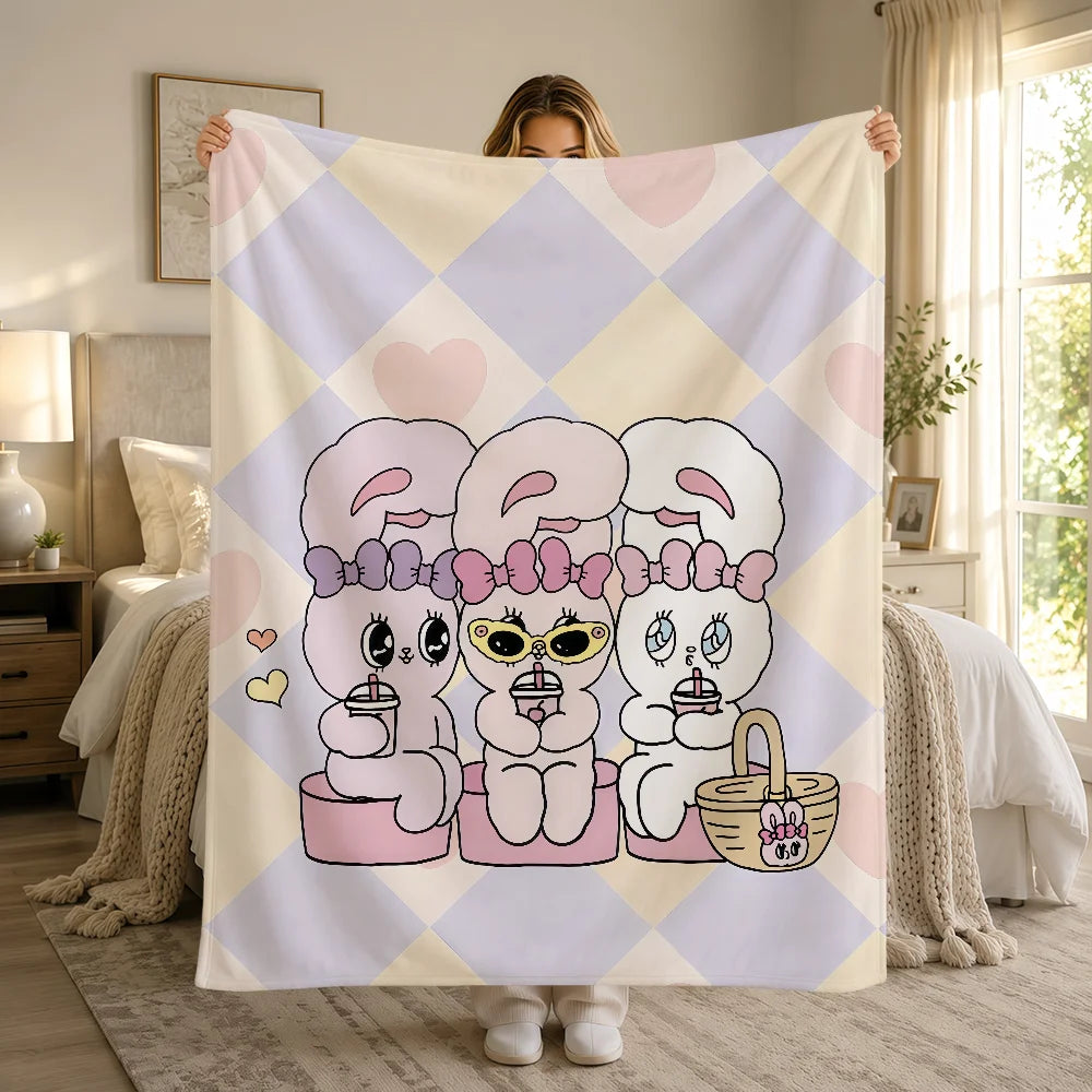 Kawaii Esther Bunny Plush Blanket – Cute Cartoon Rabbit Flannel Throw, Soft Printed Blanket for Sofa, Bed, Travel & Gifts
