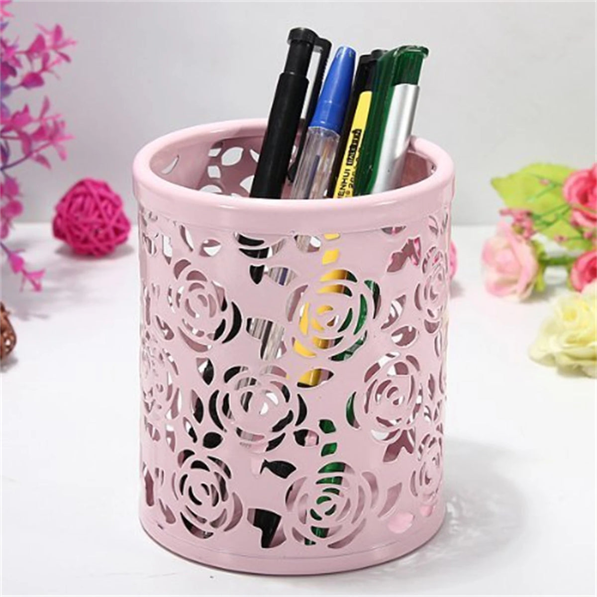 Hollow Rose Flower Pen Holder 10×8cm, Decorative Round Metal Desk Organizer for Pens, Pencils & Makeup Brushes, Modern Desktop Storage Cup for Home & Office