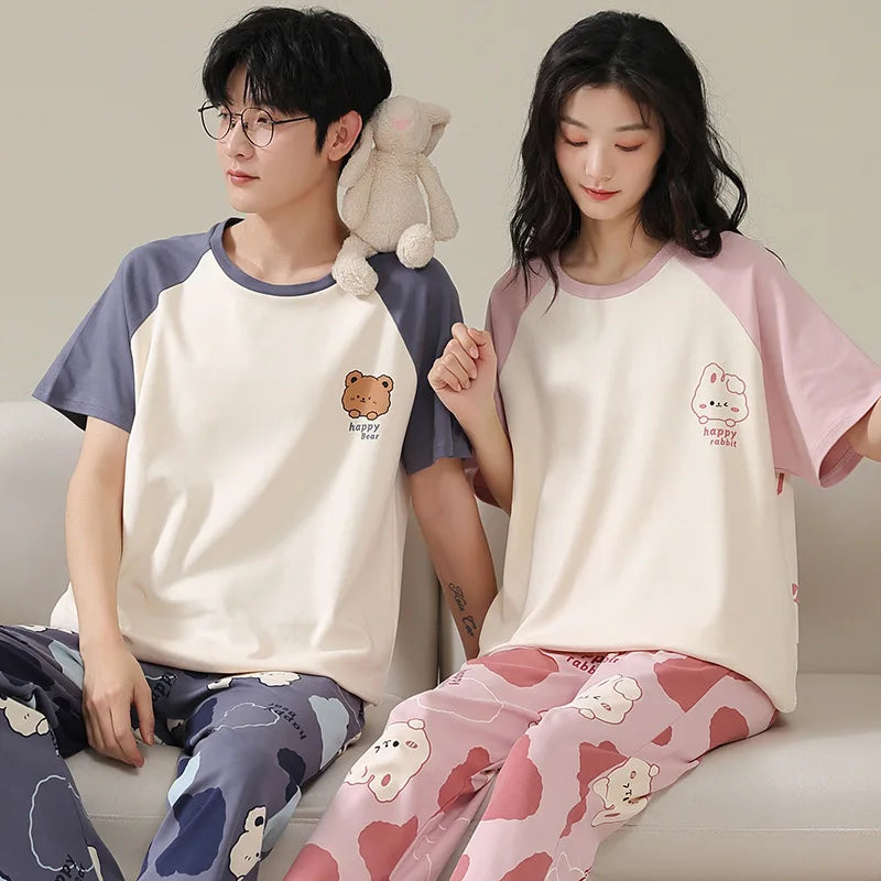 Summer Sleep Lounge Pajama Short-Sleeved Women's Pajama Set Cartoon Pyjamas Pure Cotton Couple Sleepwear Home Fashion