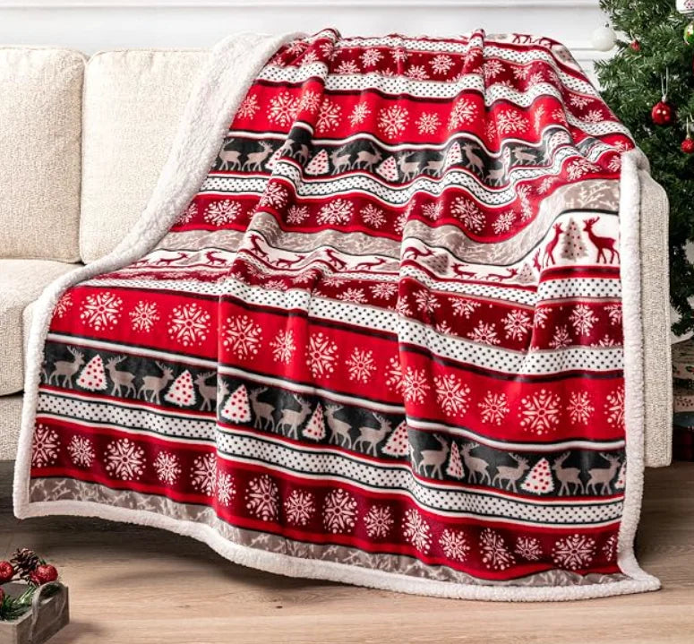 Christmas Throw Blanket, Soft Sherpa & Flannel Fleece Holiday Blanket with Cartoon Jacquard Design, Cozy Winter Throw for Sofa, Bed, Travel & Home Decor