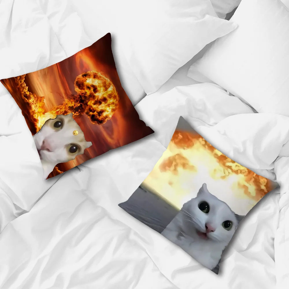 Funny Cat Meme Cushion Cover, Double-Sided Printed 100% Polyester Pillowcase, Cute Square Decorative Throw Pillow Cover for Sofa, Living Room, Office, Car & Home Decor